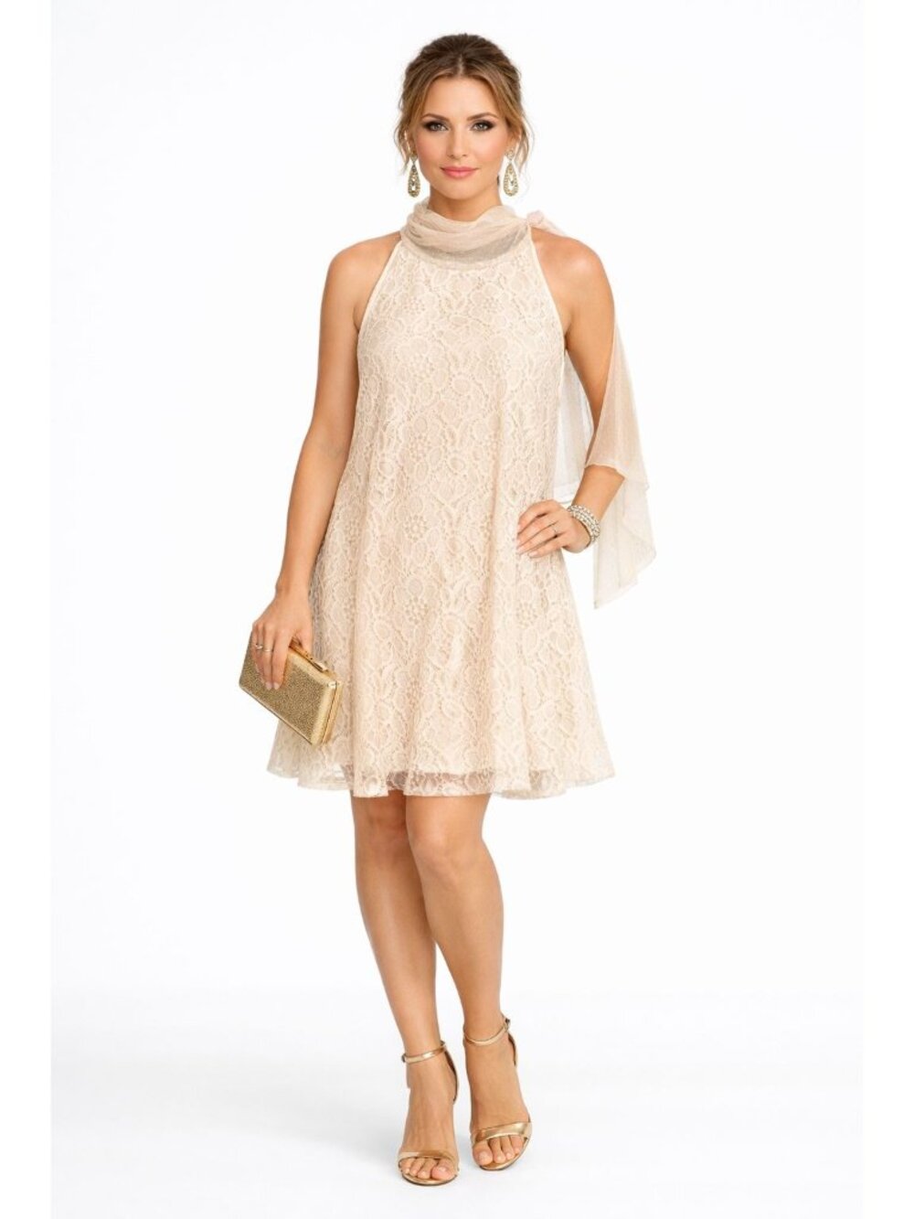 NWT RYU IVORY DRESS TAN TULLE NUDE LACE TIE NECK HALTER M Party Wedding Cocktail